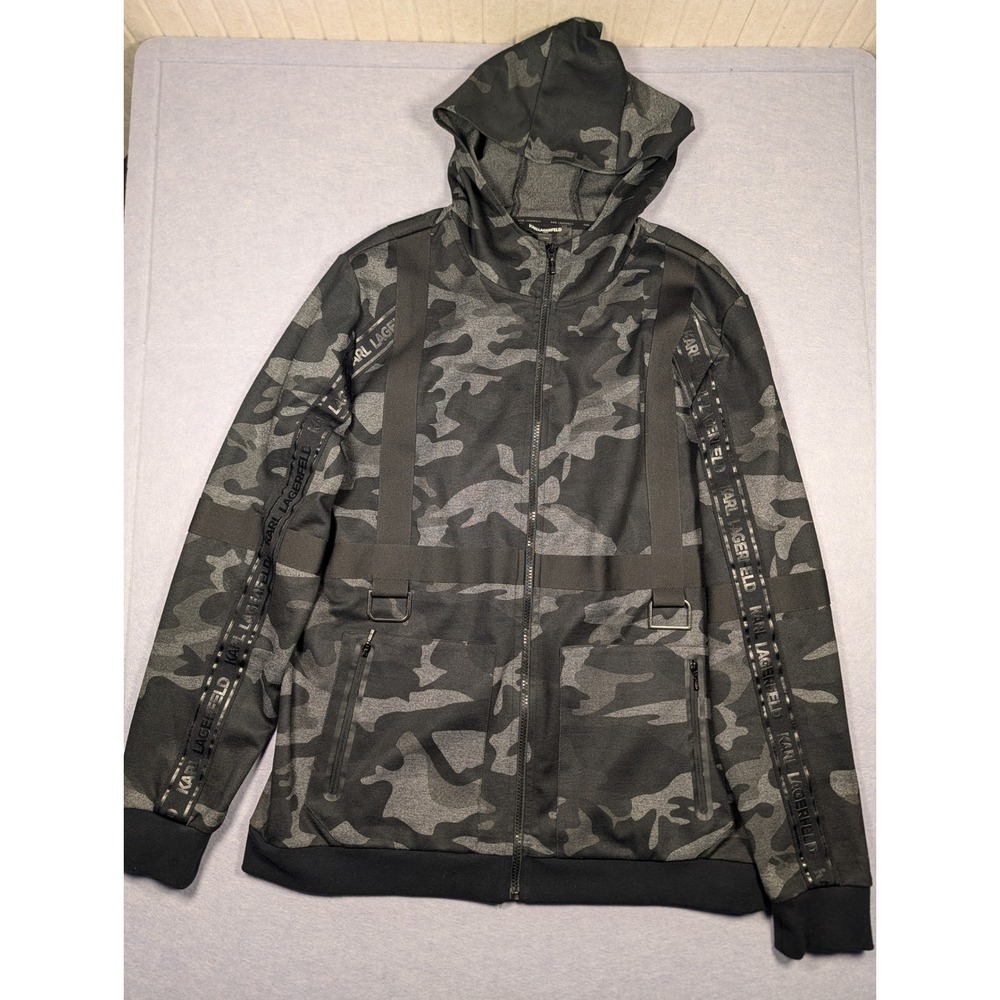 Karl Lagerfeld Paris Camo Harness Hoodie Mens L Black Grey LM0J4859 Excellent